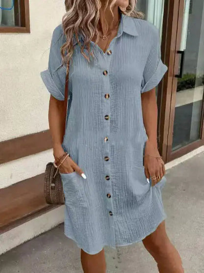 Summer Short Sleeve Shirt Dress Fashion Solid Color Single-breasted Mid-length Loose Dress WEM Support (www.WEM.support)