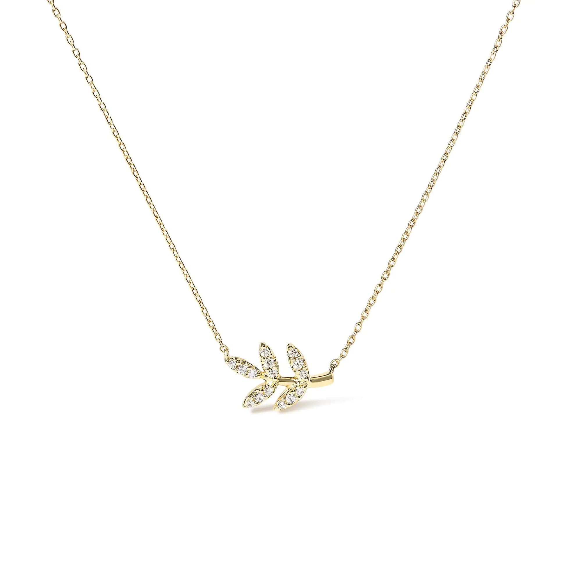 10K Yellow Gold 1/10 Cttw Diamond Leaf and Branch 18" Pendant Necklace (H-I Color, I1-I2 Clarity) WEM Support (www.WEM.support)