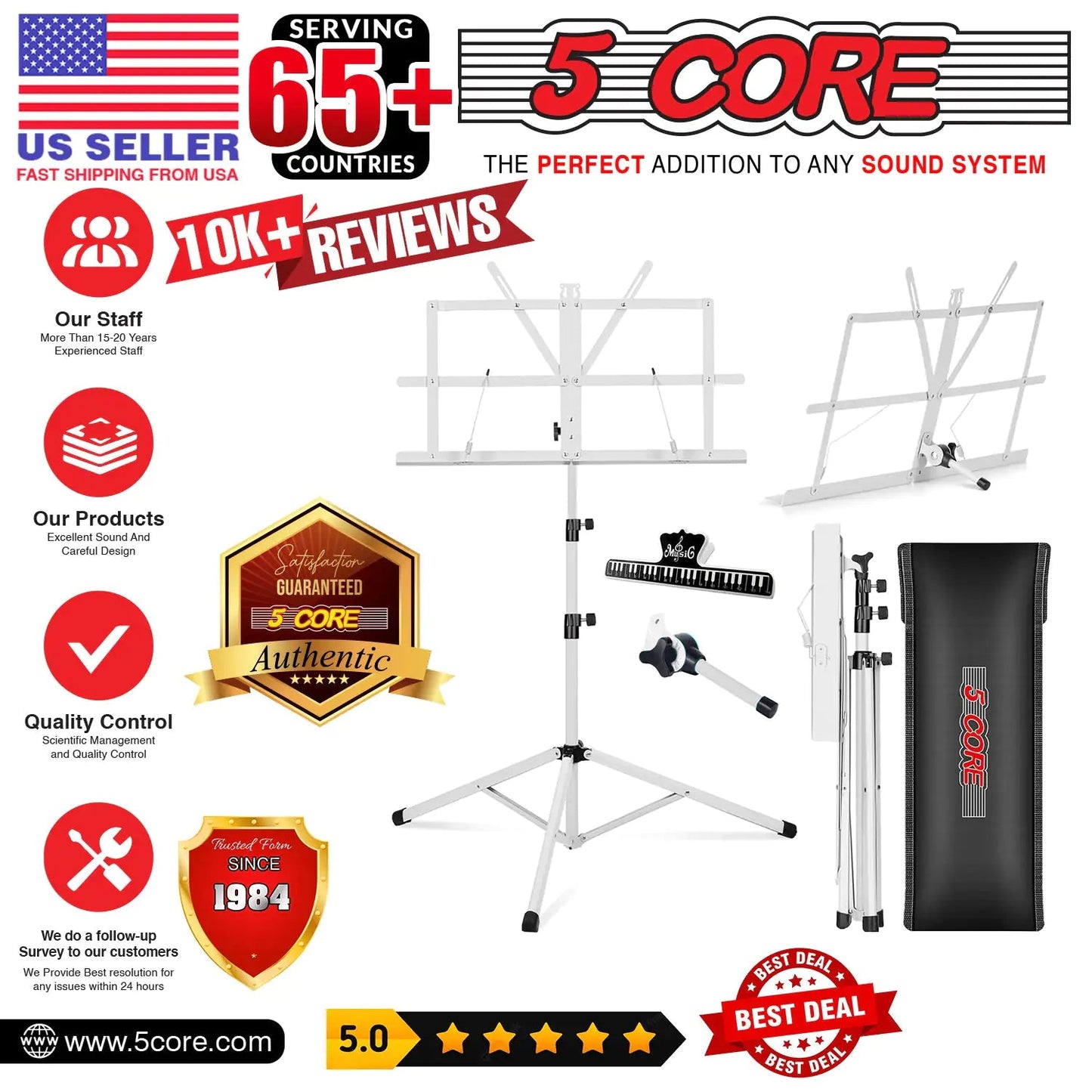 Suporte de Música 5Core para Partituras Portátil Tripé Ajustável Dobrável Porta-Notas BRANCO WEM Support (www.WEM.support)
