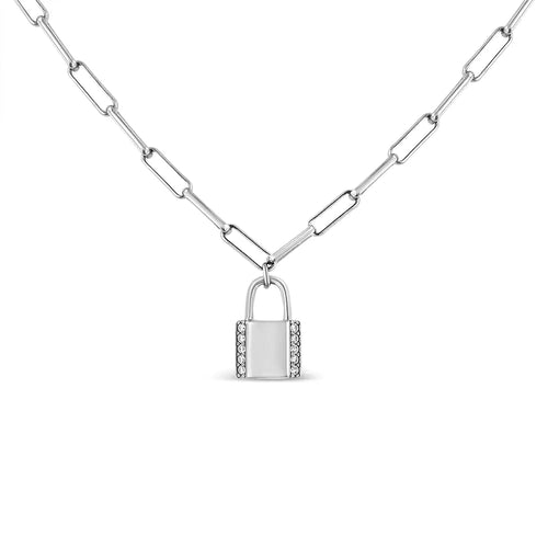 .925 Sterling Silver 1/10 Cttw Round Diamond Lock Pendant Paperclip Chin Necklace (H-I Color, SI1-SI2 Clarity) WEM Support (www.WEM.support)