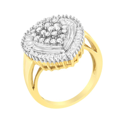10K Yellow Gold 1.0 Cttw Round and Baguette Cut Diamond Oval Shaped Cluster Ring (I-J Color, I1-I2 Clarity) WEM Support (www.WEM.support)