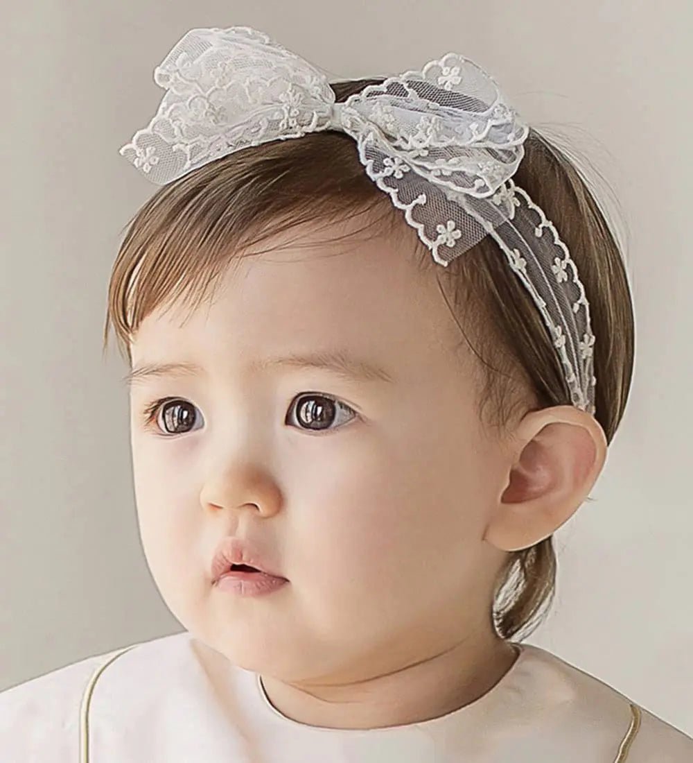 Yheahin Baby Girls Lace Bow Headband Cute Chiffon Bow - Knot Toddler Hairband Elastic Soft Lace Infants Birthday Party Hair Accessories (White - 4 One size) - Catch Cards