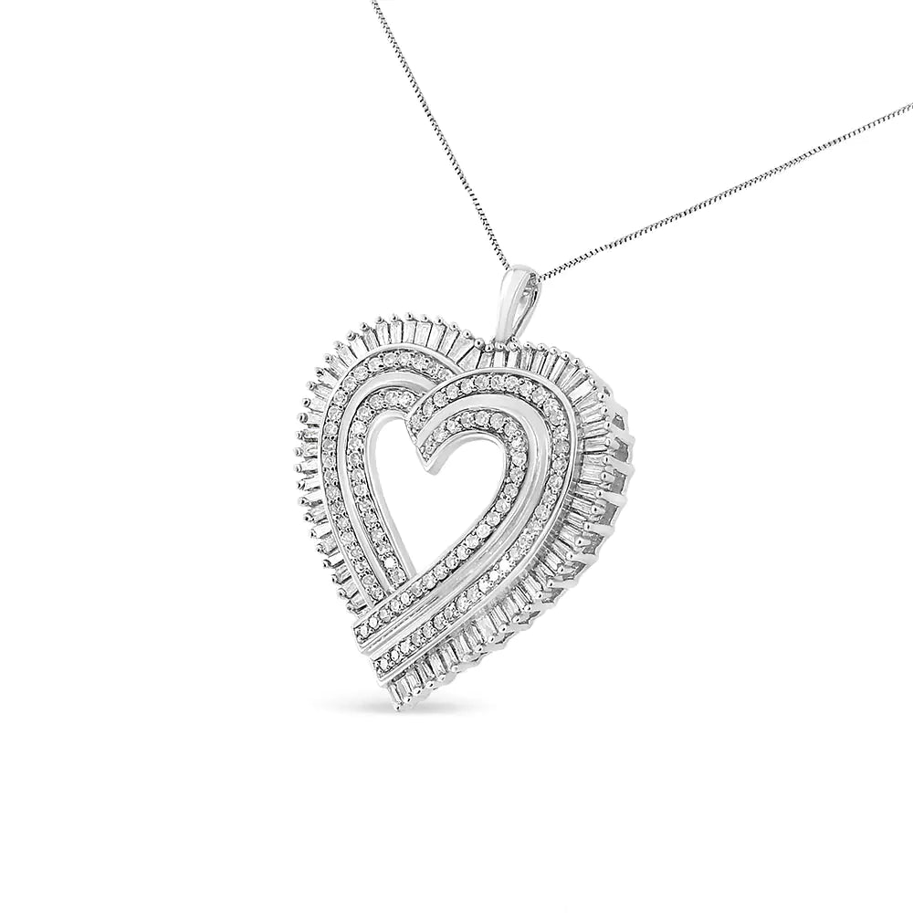 .925 Sterling Silver 1 1/4 Cttw Round and Baguette-Cut Diamond Composite Heart 18" Pendant Necklace (I-J Color, I1-I2 Clarity) WEM Support (www.WEM.support)