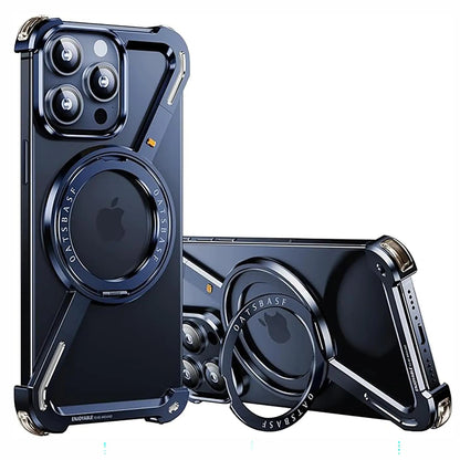 Z Shape Frameless Phone Case for iPhone 16 15 14 13 Pro Max Magsafe Metal Cover Magnetic Bumper 360° Rotation Stands (Rose Gold,iPhone 16 Pro Max) - Catch Cards