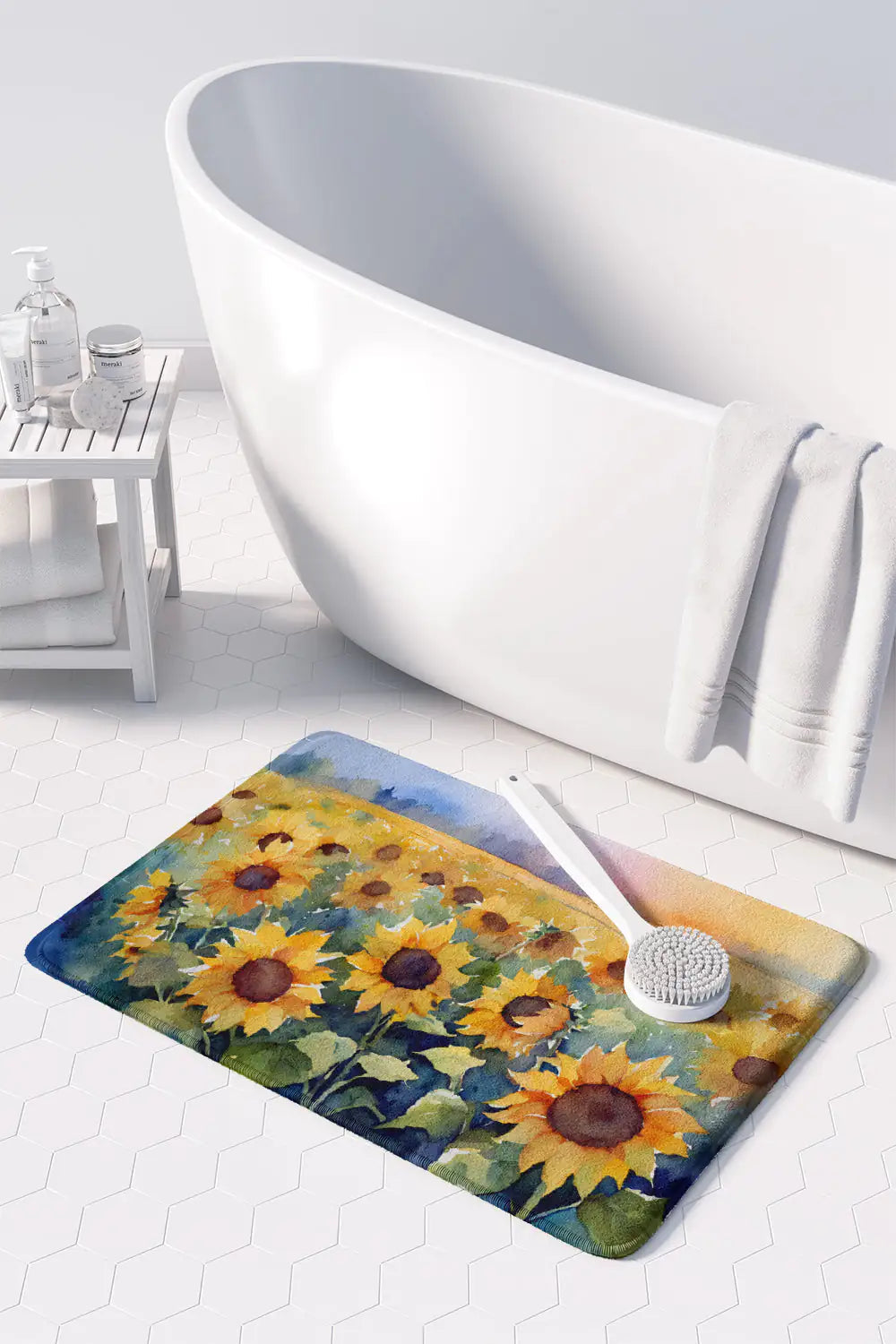 Sunflowers in Watercolor Memory Foam Kitchen Mat WEM Support (www.WEM.support)