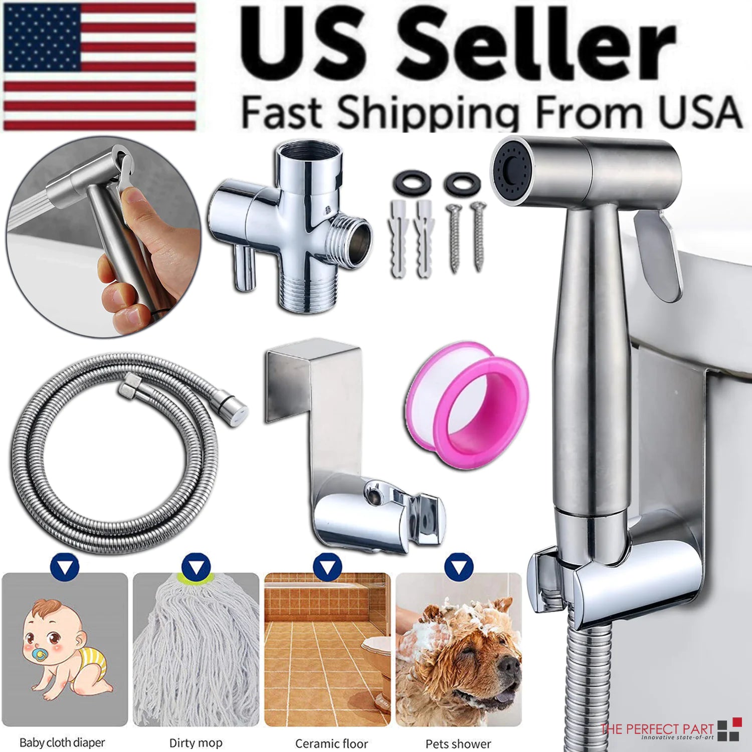 Toilet Shattaf Adapter Hose Bidet Spray Stainless Steel Handheld Shower Head US WEM Support (www.WEM.support)