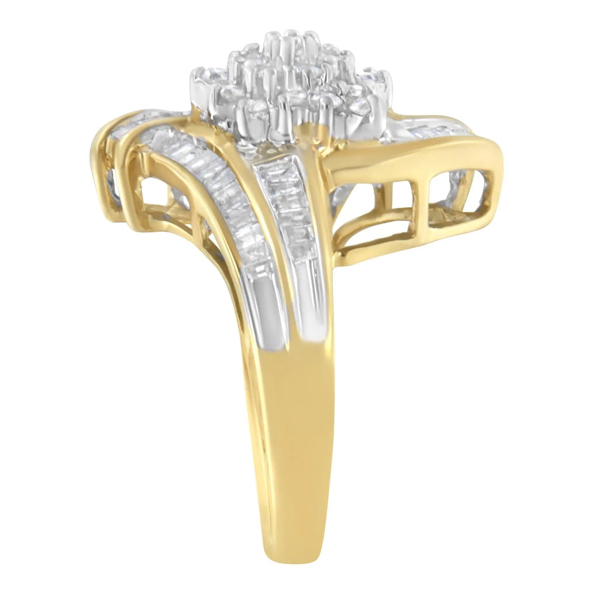 10K Yellow Gold Round and Baguette-Cut Diamond Bypass Cluster Ring (1.0 Cttw, I-J Color, I1-I2 Clarity) WEM Support (www.WEM.support)