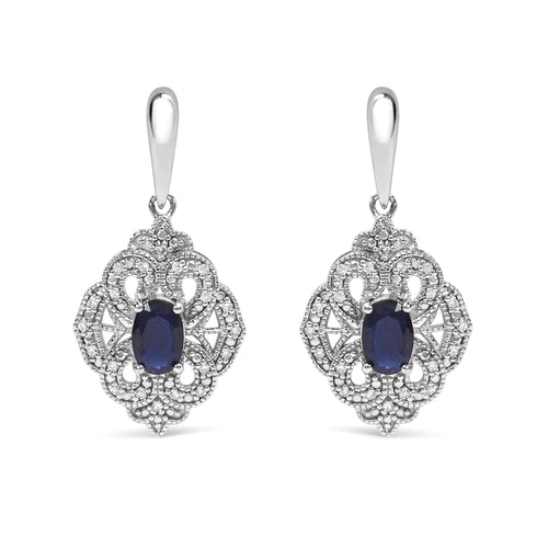 .925 Sterling Silver 6x4 MM Oval Blue Sapphire and White Diamond Accent Art Deco Style Shield Dangle Earring (I-J Color, I3 Clarity) WEM Support (www.WEM.support)