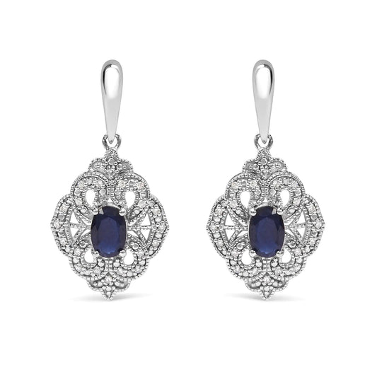 .925 Sterling Silver 6x4 MM Oval Blue Sapphire and White Diamond Accent Art Deco Style Shield Dangle Earring (I-J Color, I3 Clarity) WEM Support (www.WEM.support)