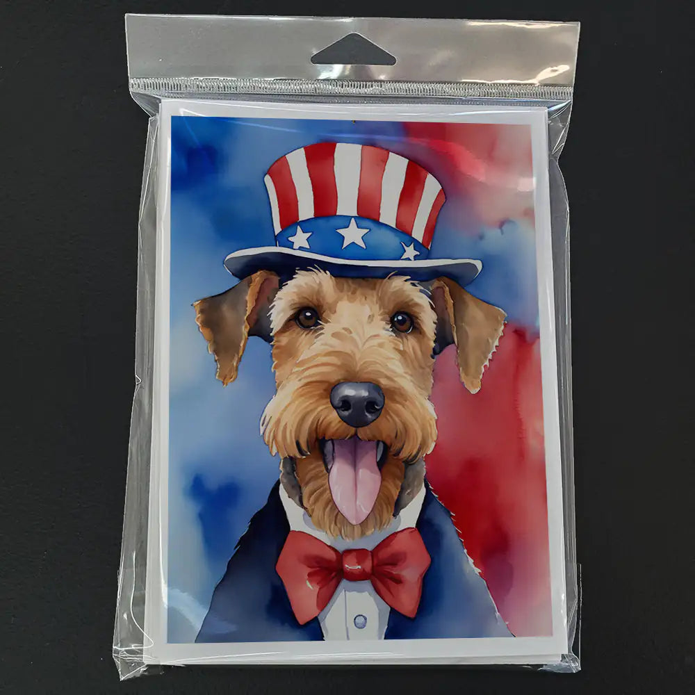 Airedale Terrier Patriotic American Greeting Cards Pack of 8 WEM Support (www.WEM.support)
