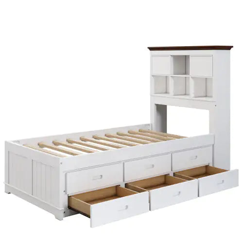 Solid Pine Captain Bookcase Bed With Trundle Bed And 3 Spacious Under Bed Drawers In Casual,Twin, White Walnut WEM Support (www.WEM.support)