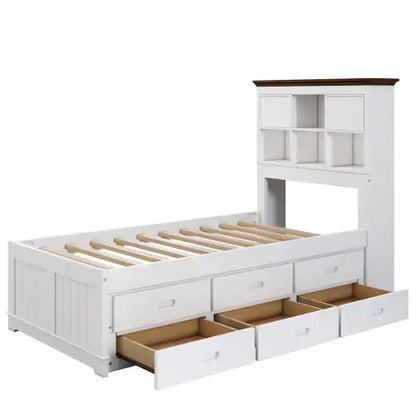 Solid Pine Captain Bookcase Bed With Trundle Bed And 3 Spacious Under Bed Drawers In Casual,Twin, White Walnut WEM Support (www.WEM.support)