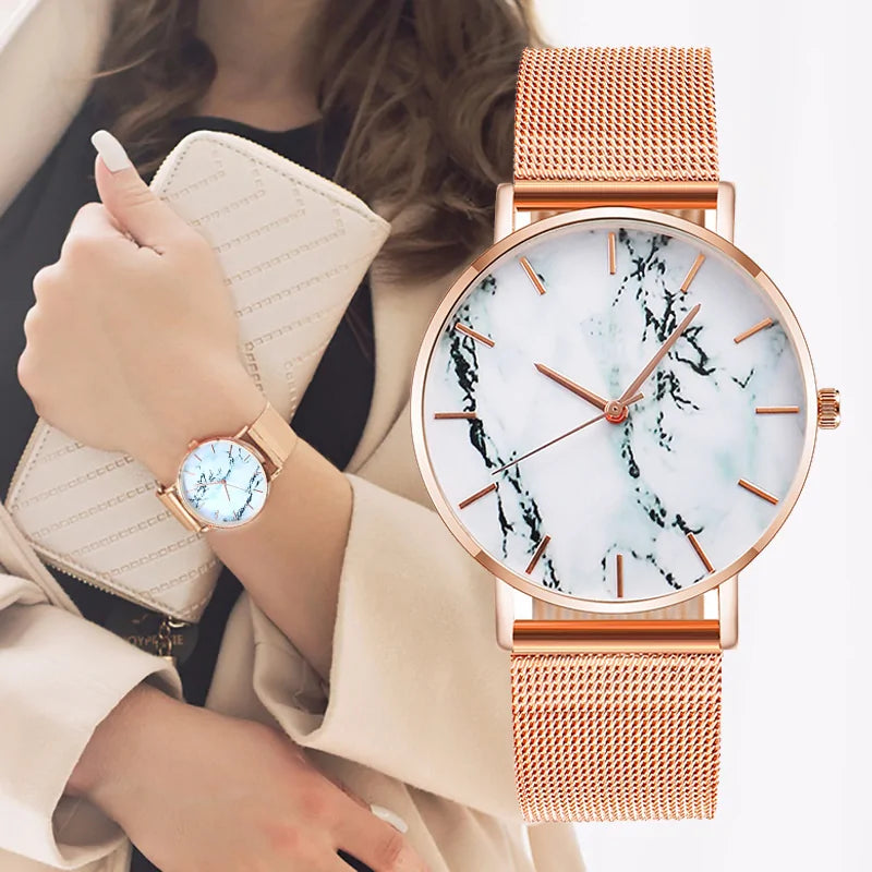 Luxury Rose Gold Mesh Band Marble Women's Wrist Watch WEM Support (www.WEM.support)