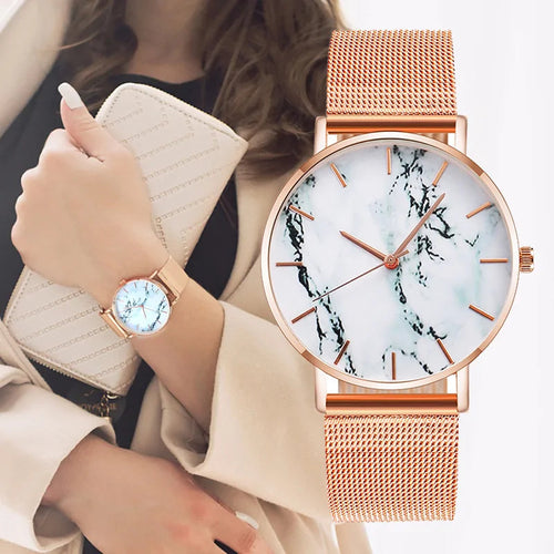 Luxury Rose Gold Mesh Band Marble Women's Wrist Watch WEM Support (www.WEM.support)