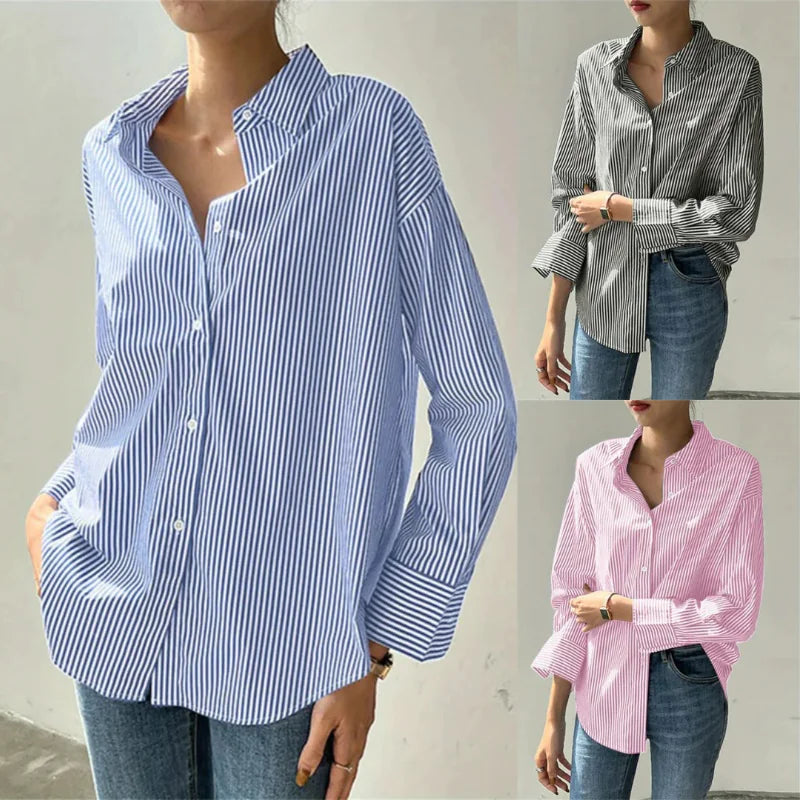 Women's Loose Striped Long-Sleeved Shirt WEM Support (www.WEM.support)