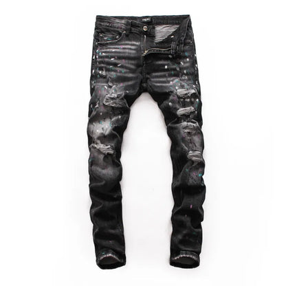 Men's Ripped Patch Jeans Youth Slim Pants Biker Pants Inkjet Personality WEM Support (www.WEM.support)
