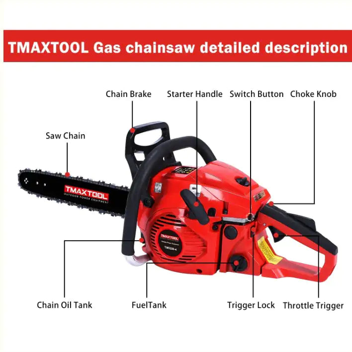 TMAXTOOL 62cc Powerful 20 Inch Gas Chainsaw With 2 Stroke - Perfect For Pruning, Limbing, And Sawmill Operations-Red WEM Support (www.WEM.support)
