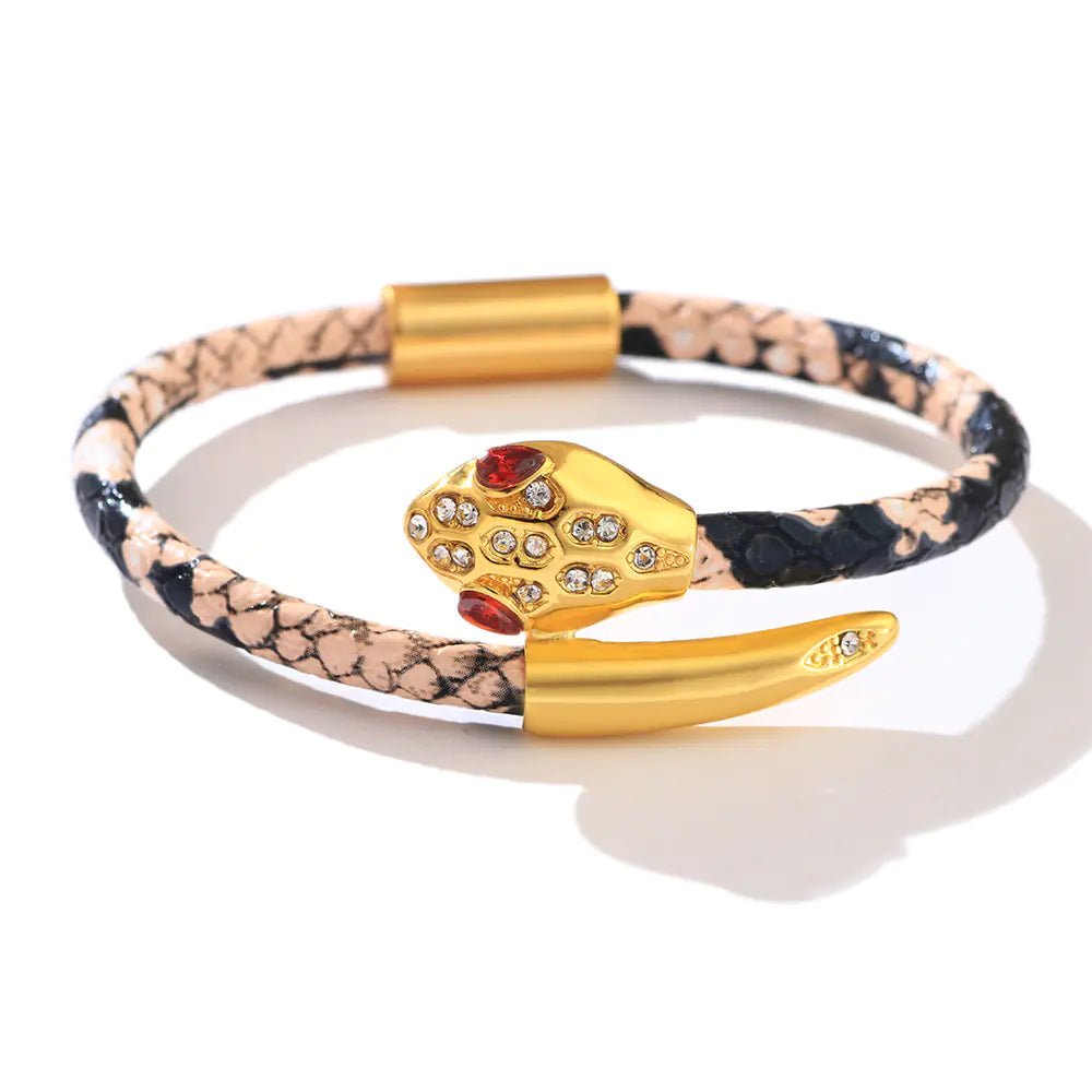Zircon Inlaid Leopard Copper Snake Head Bracelet - Catch Cards
