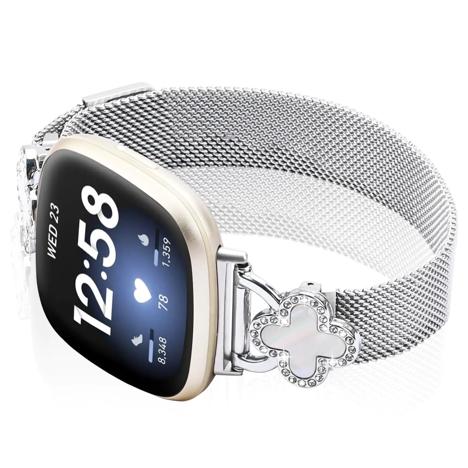 Band Compatible with Fitbit Sense/Sense 2 Versa 3/Versa 4 for Women Stainless Steel Magnetic Strap Adjustable Four Leaf Clover Watch Bands. HejK.com