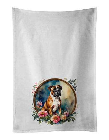 Boxer and Flowers Kitchen Towel Set of 2 WEM Support (www.WEM.support)