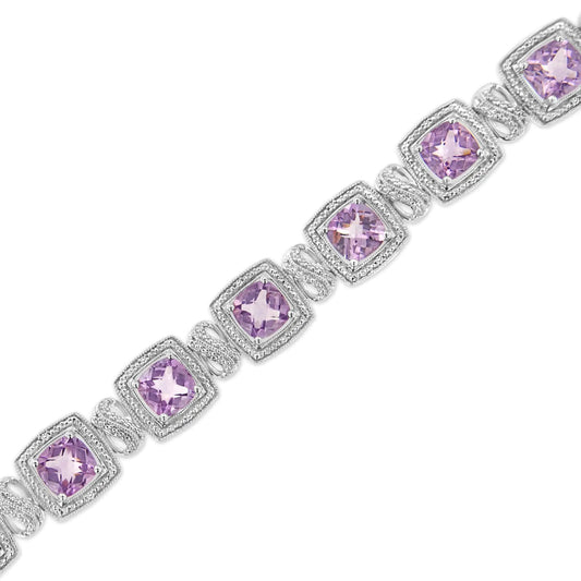.925 Sterling Silver 7x7 mm Cushion Cut Purple Amethyst and 1/10 cttw Round Cut Diamond Square Shape Tennis Bracelet (I-J Color, I1-I2 Clarity) - 7" WEM Support (www.WEM.support)