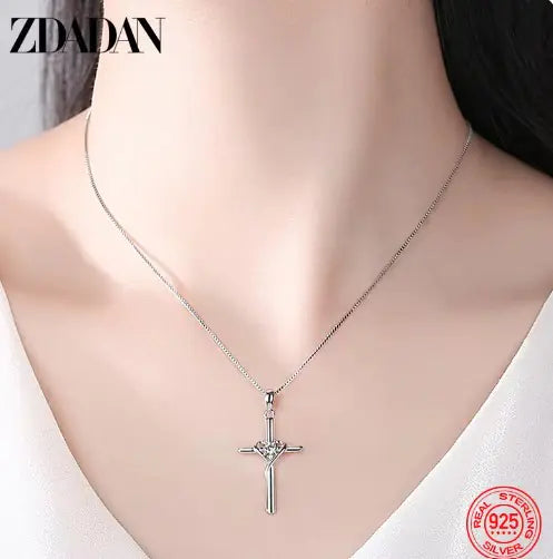 ZDADAN 925 Silver Blue Zircon Cross Pendant Necklace for Women WEM Support (www.WEM.support)